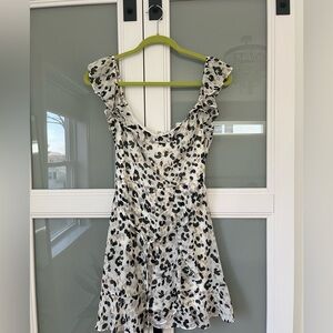 White and Black Fit and Flare Mini Dress with Flutter Cap Sleeves